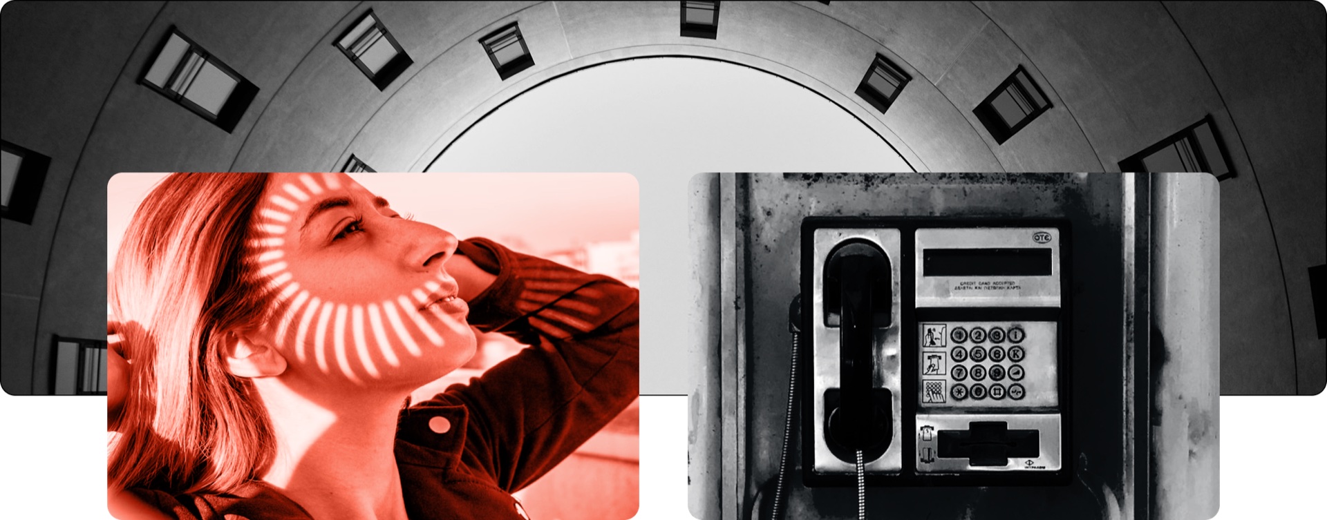 A retro-futuristic collage of images including architecture, a woman's face gazing into the sky, and a vintage pay phone